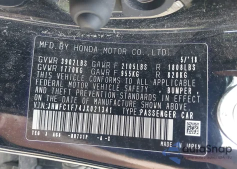 2018 Honda Civic Ex-L from USA, damaged, VIN JHMFC1F74JX021341